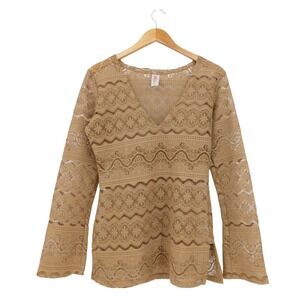 Luli Fama Lace Long Sleeve Cover Up Tunic Top Tan Beige Women's Small‎